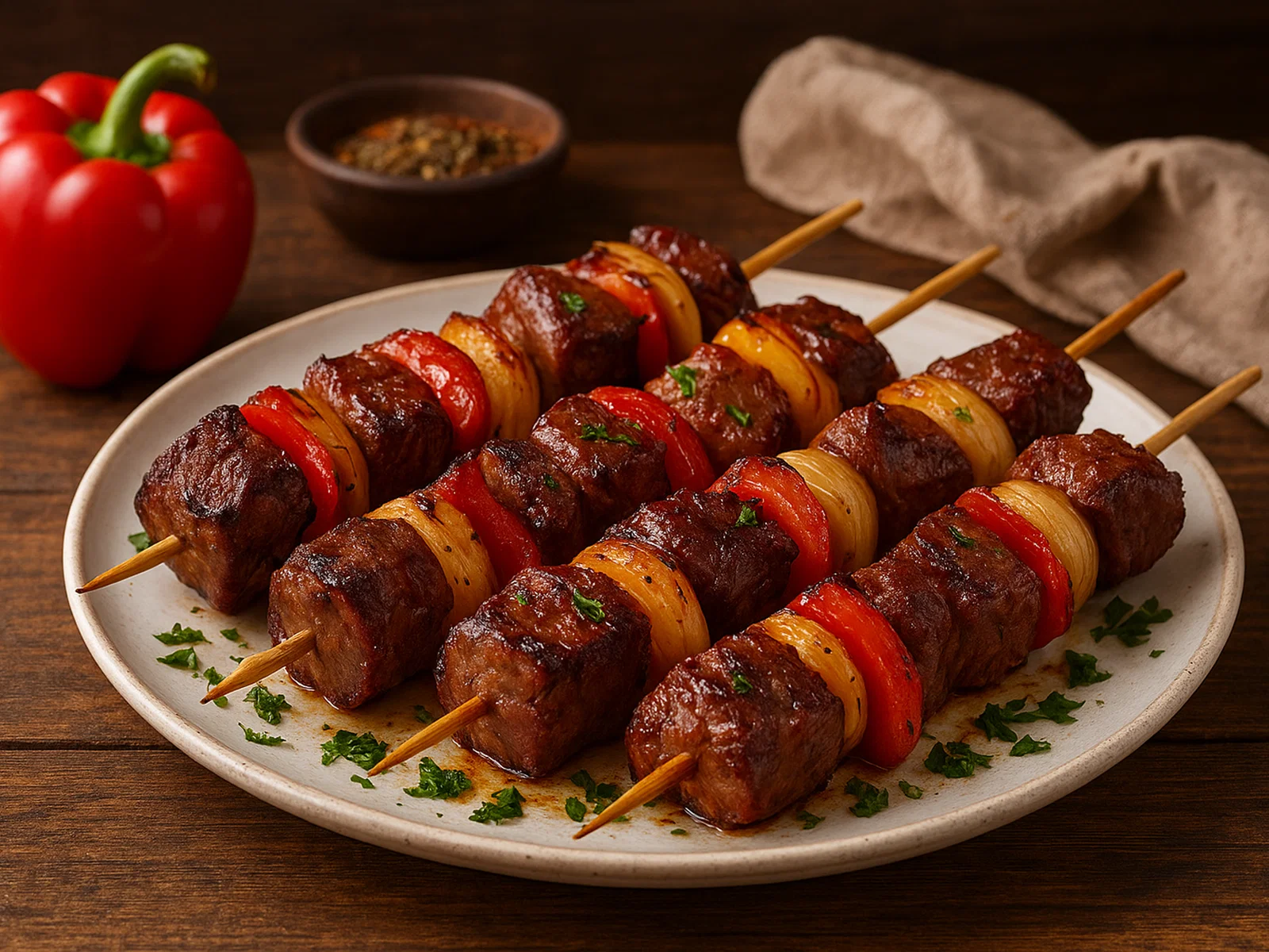 Rindfleisch-Schaschlik mit Paprika und Zwiebeln