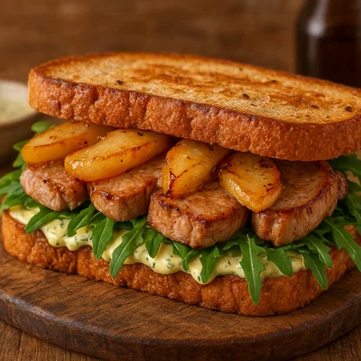Schweinefleisch-Birnen-Sandwich mit Rucola