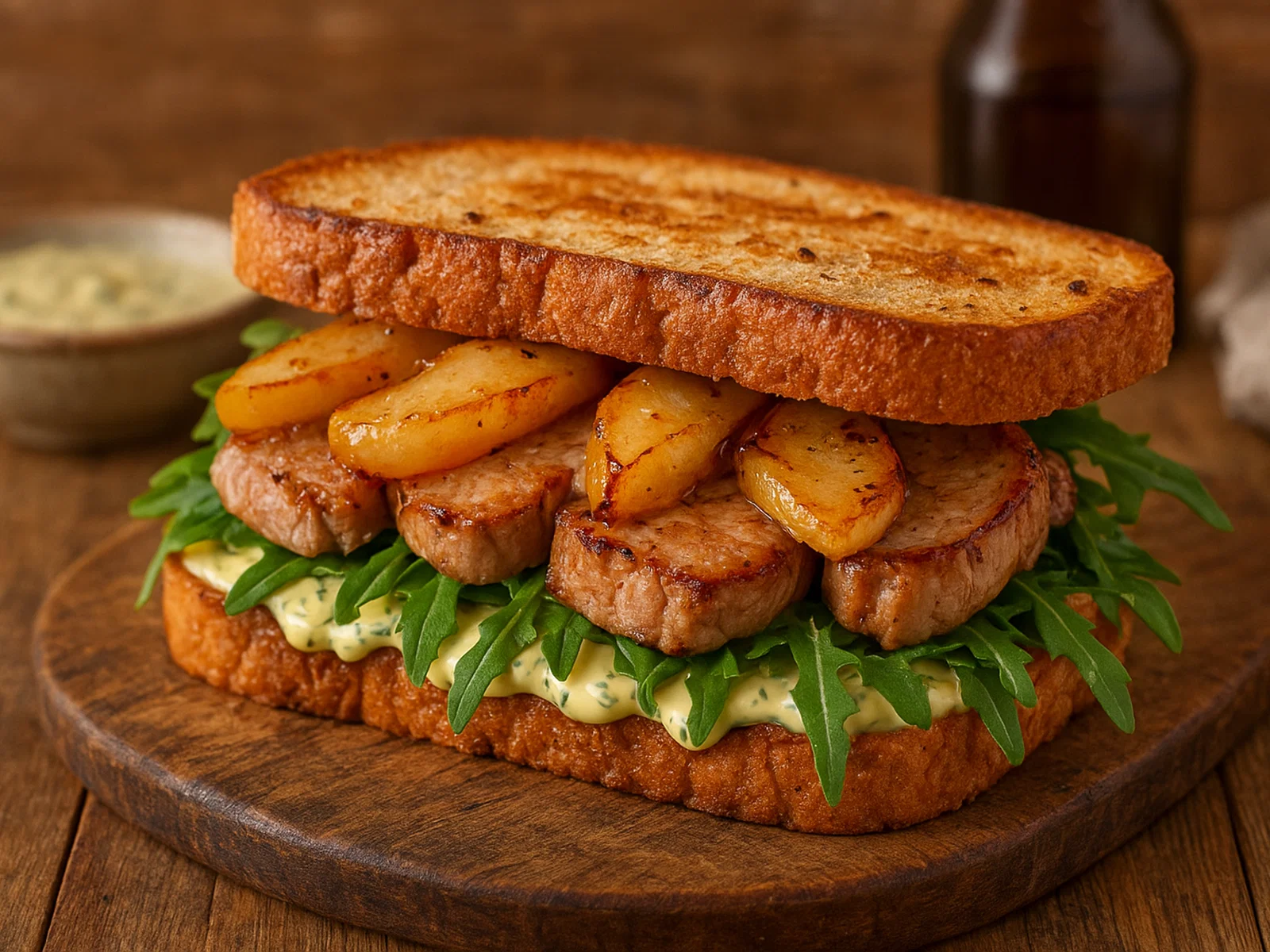 Schweinefleisch-Birnen-Sandwich mit Rucola