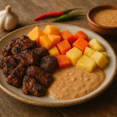 Mbaxal mit gegrilltem Fleisch, Tropenfrüchten und Erdnuss-Kokossauce