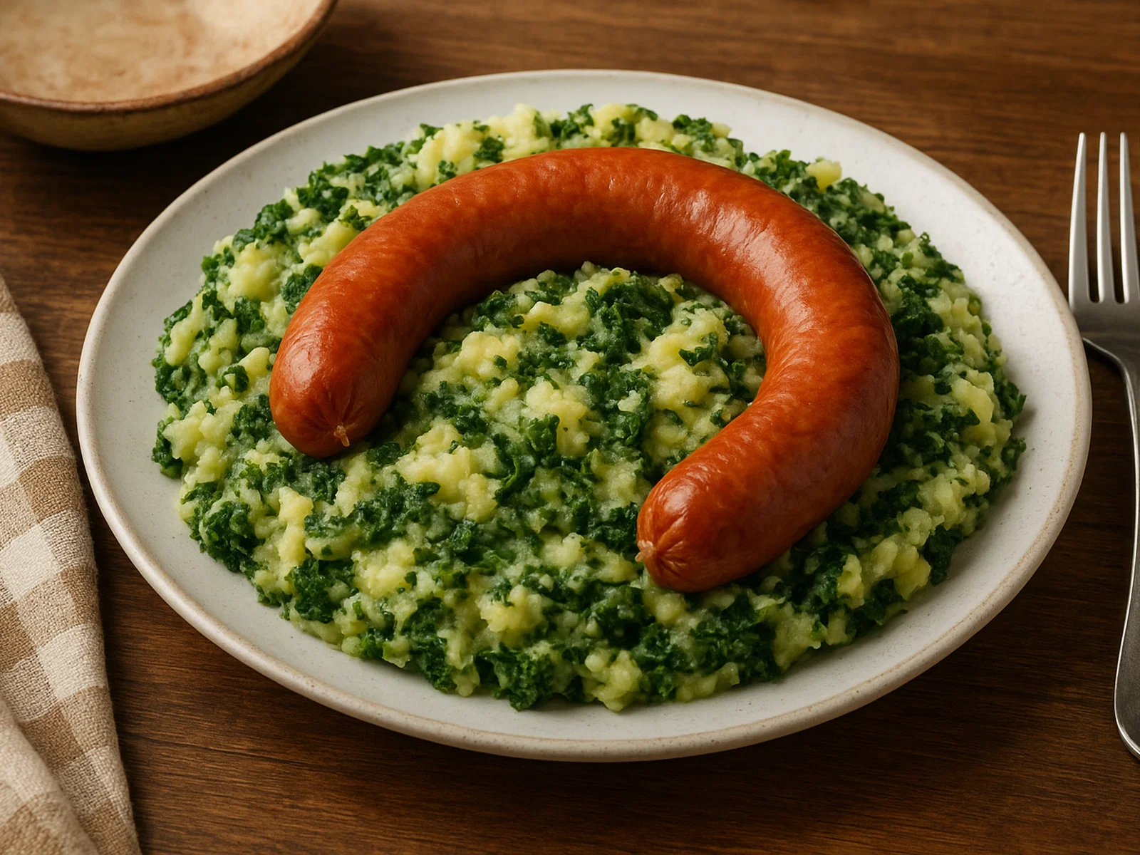 Niederländischer Stamppot mit Kartoffeln, Grünkohl und Rookworst