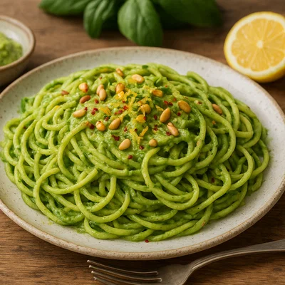 Zucchini-Spaghetti mit cremigem Avocado-Pesto