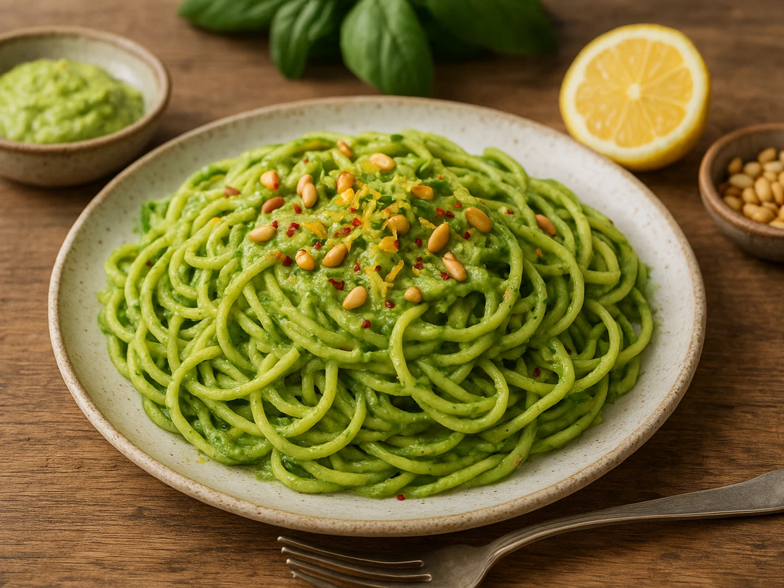 Zucchini-Spaghetti mit cremigem Avocado-Pesto