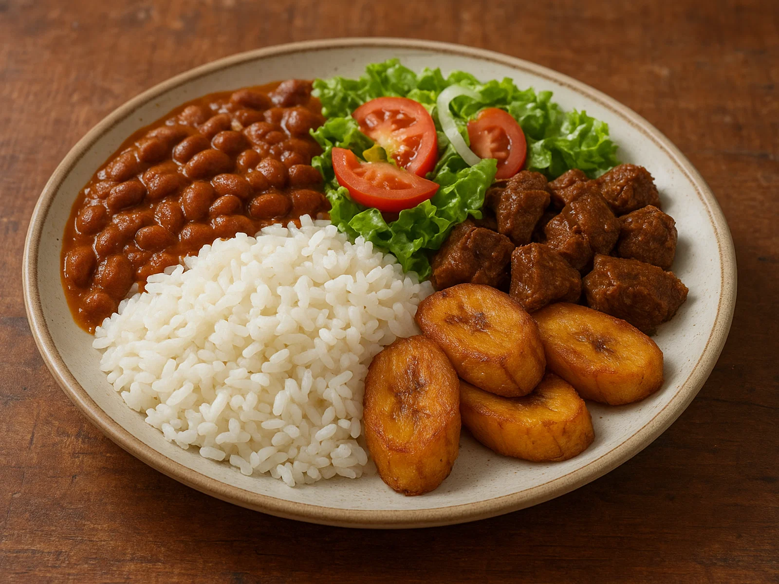 La Bandera – Dominikanischer Reis mit Bohnen, Rindfleisch, Salat und Kochbananen