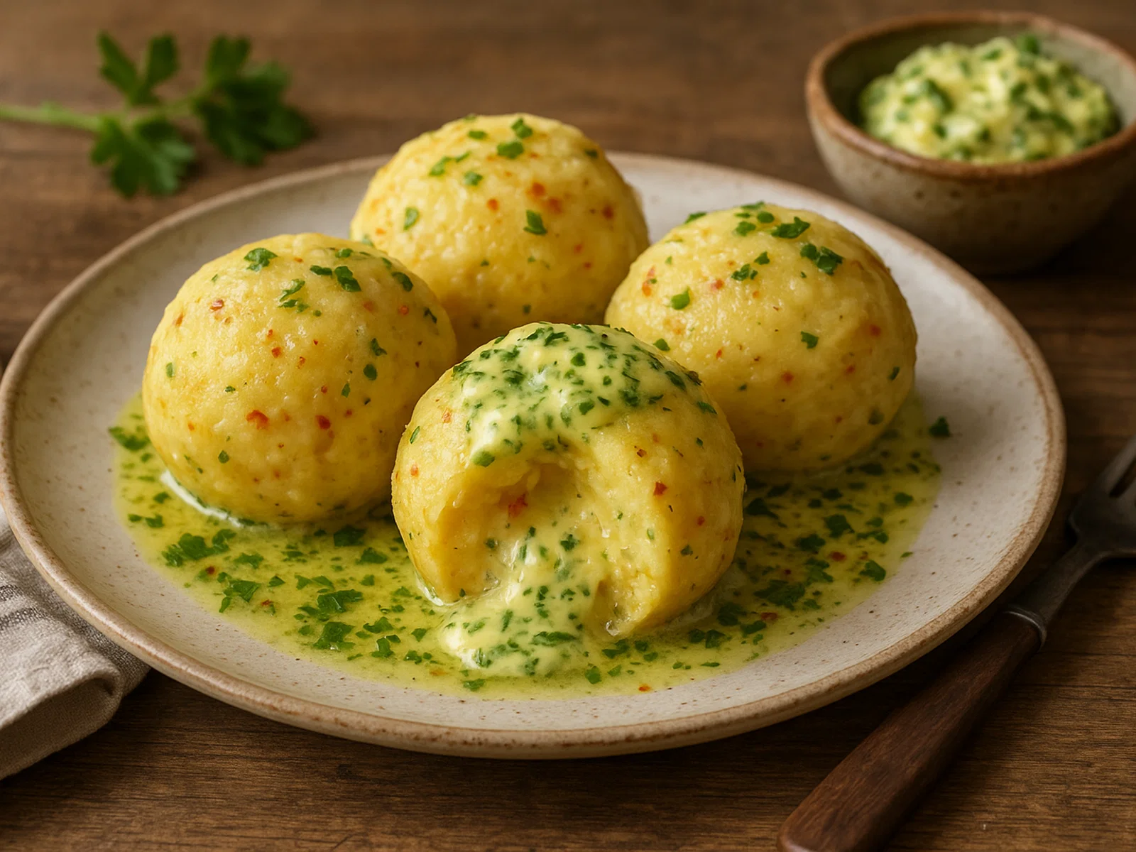 Pikante Käse-Kartoffel-Knödel mit Kräuterbutter