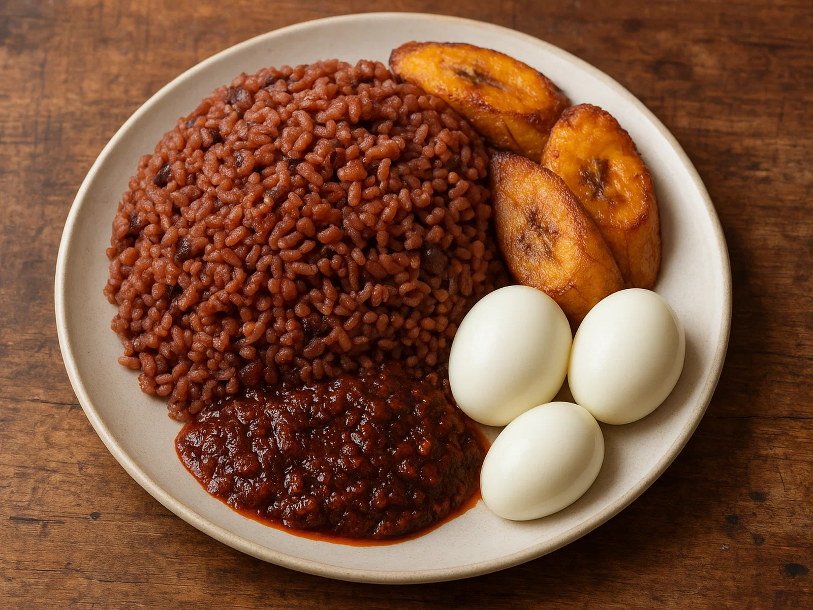 Waakye – Ghanaischer Reis-mit-Bohnen-Eintopf mit Shito, Kochbananen und Eiern