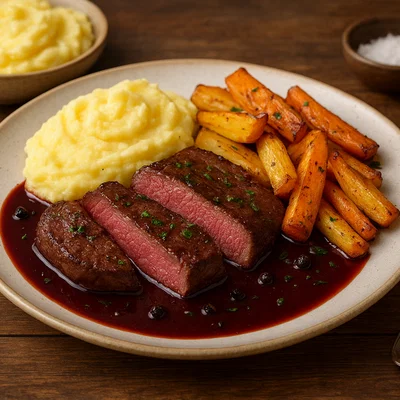 Rensdyrsteak mit Wacholder-Rotwein-Sauce, Ofengemüse und Kartoffelpüree