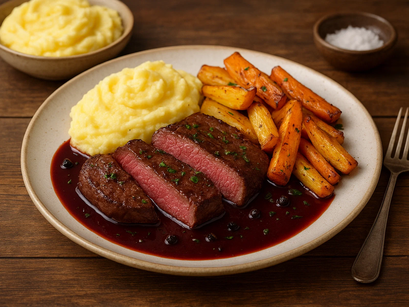 Rensdyrsteak mit Wacholder-Rotwein-Sauce, Ofengemüse und Kartoffelpüree