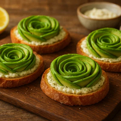 Avocado-Rosen auf knusprigem Baguette