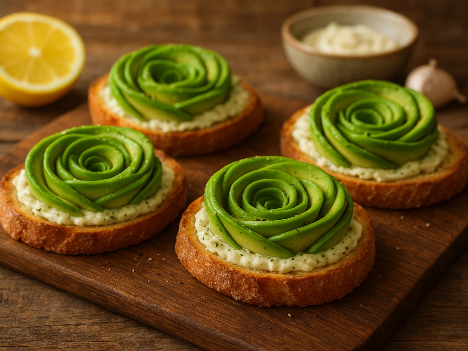 Avocado-Rosen auf knusprigem Baguette