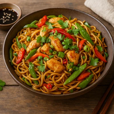 Wok‑Gebratene Hähnchen-Nudeln