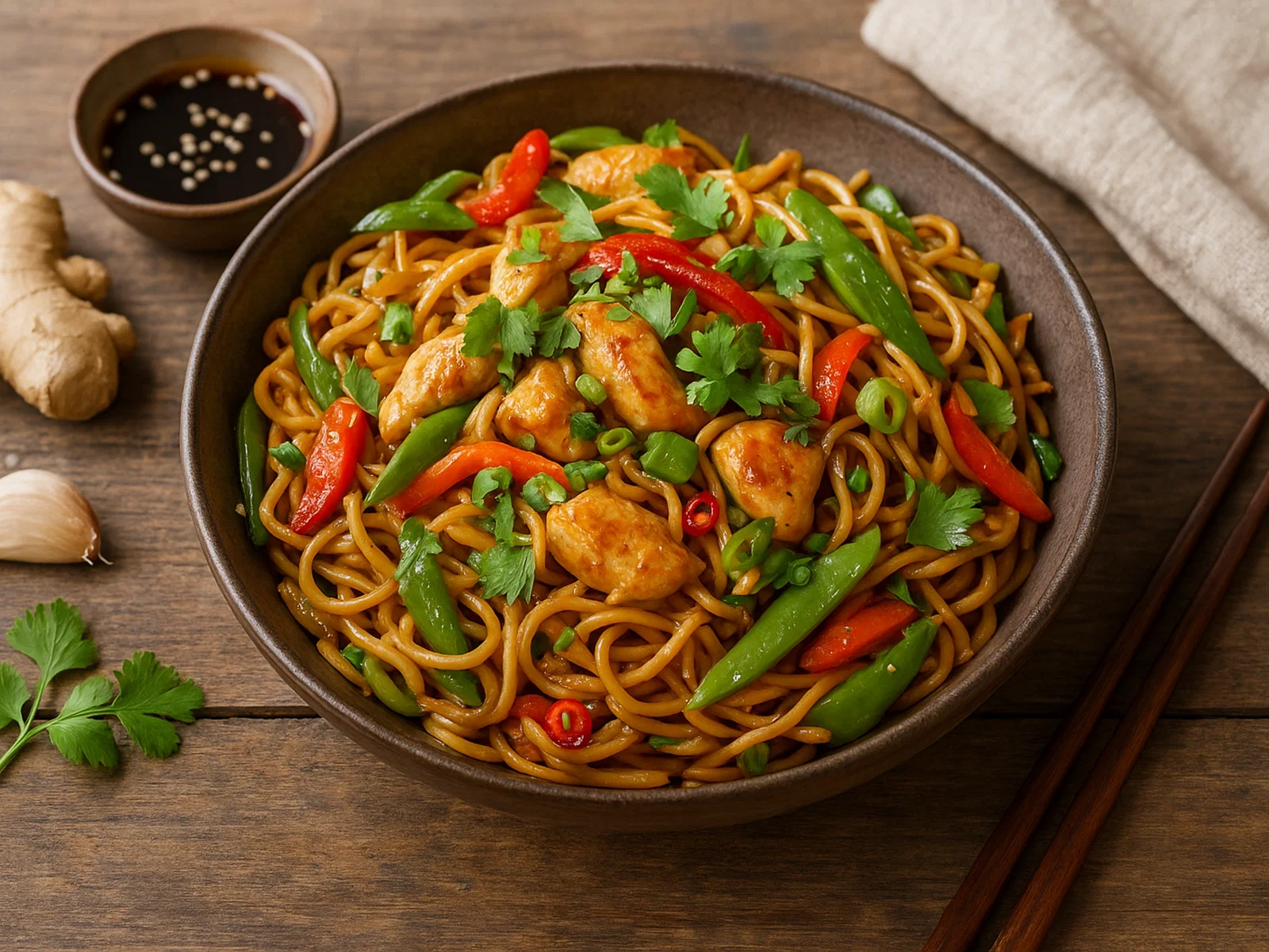 Wok‑Gebratene Hähnchen-Nudeln