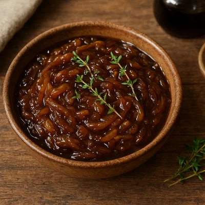 Karamellisierte Zwiebelsoße mit Balsamico und Thymian