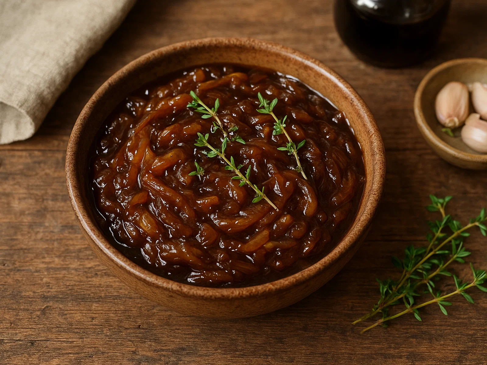 Karamellisierte Zwiebelsoße mit Balsamico und Thymian