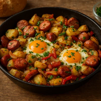 Rustikales Bauernfrühstück mit Kartoffeln, Würstchen und Ei