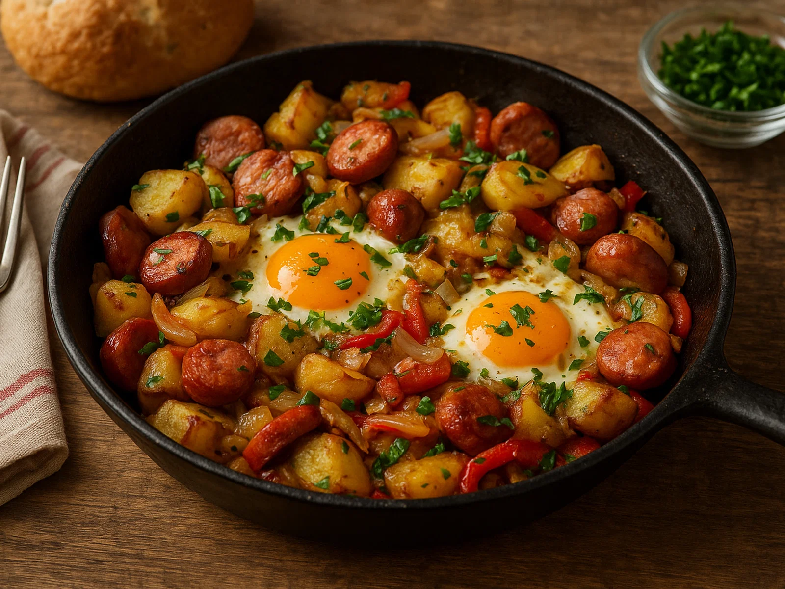 Rustikales Bauernfrühstück mit Kartoffeln, Würstchen und Ei