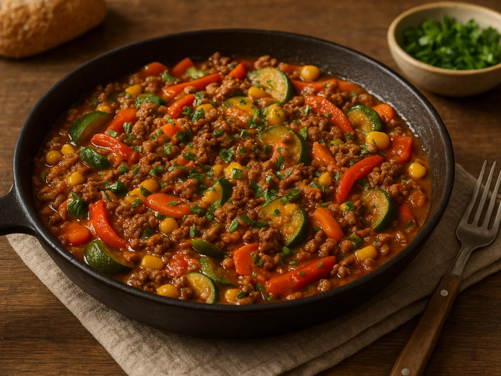 Herzhafte Hackfleisch-Pfanne mit buntem Gemüse