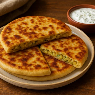 Bolani mit Kartoffel-Lauch-Füllung und Joghurt-Dip