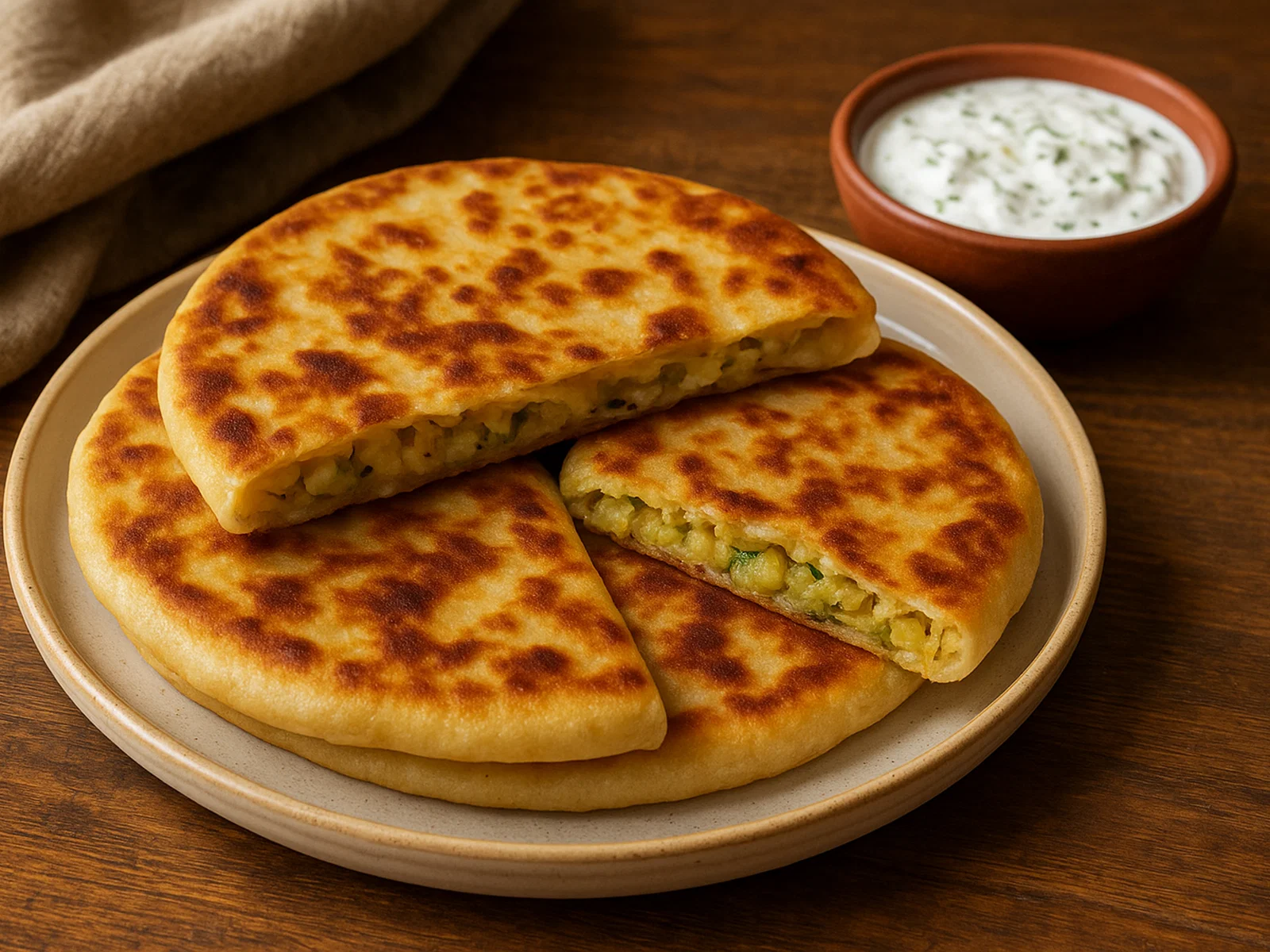Bolani mit Kartoffel-Lauch-Füllung und Joghurt-Dip