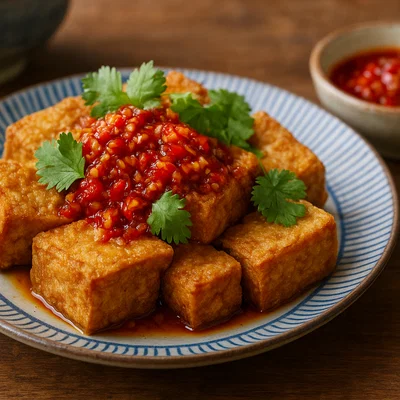 Stinky Tofu (臭豆腐) mit Knoblauch-Chili-Sauce
