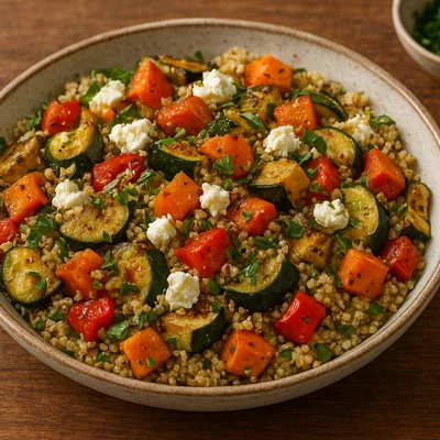 Quinoa-Salat mit geröstetem Gemüse und Feta