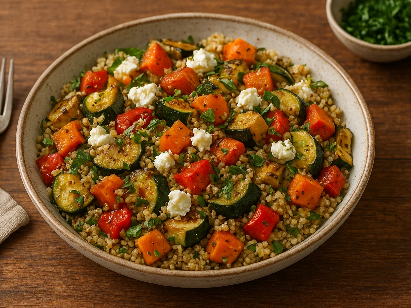 Quinoa-Salat mit geröstetem Gemüse und Feta