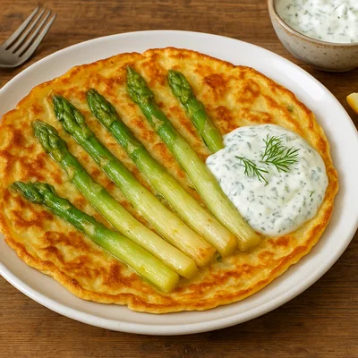Spargel-Pfannkuchen mit leichter Joghurt-Dill-Sauce