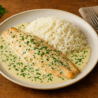 F'rell am Rèisleck (Forelle in Kräuter-Rahmsauce mit Reis)