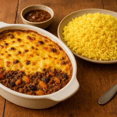 Südafrikanisches Bobotie mit gelbem Reis