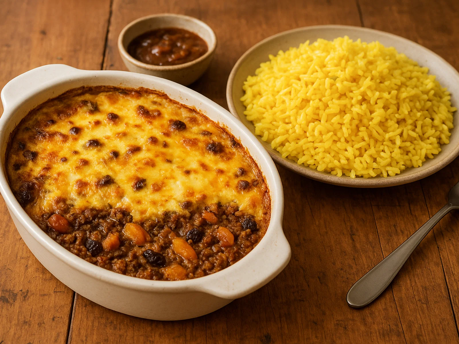 Südafrikanisches Bobotie mit gelbem Reis