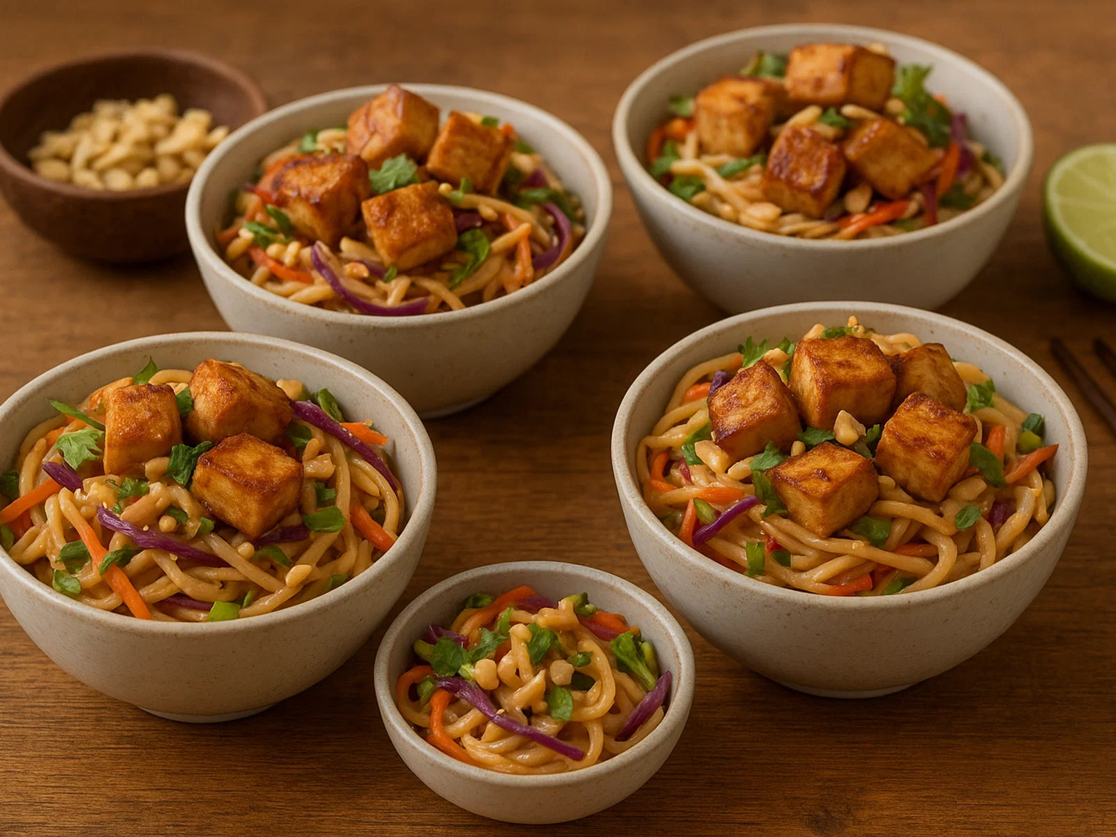 Asiatische Nudelsalat-Snacks mit Erdnuss-Tofu