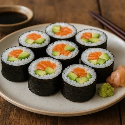 Maki-Sushi mit Lachs, Gurke und Avocado