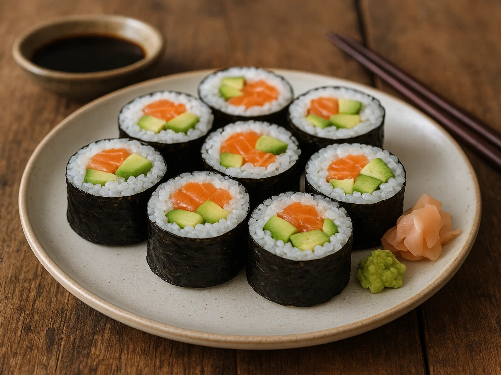 Maki-Sushi mit Lachs, Gurke und Avocado