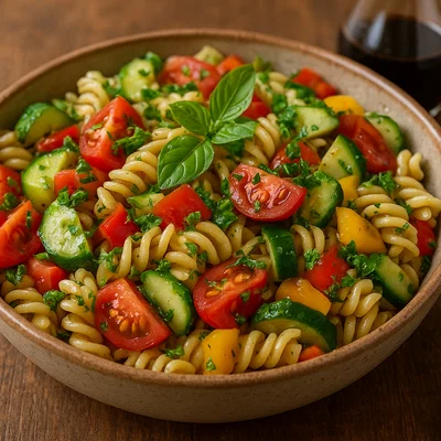 Pasta-Salat mit frischem Gemüse und Balsamico-Dressing