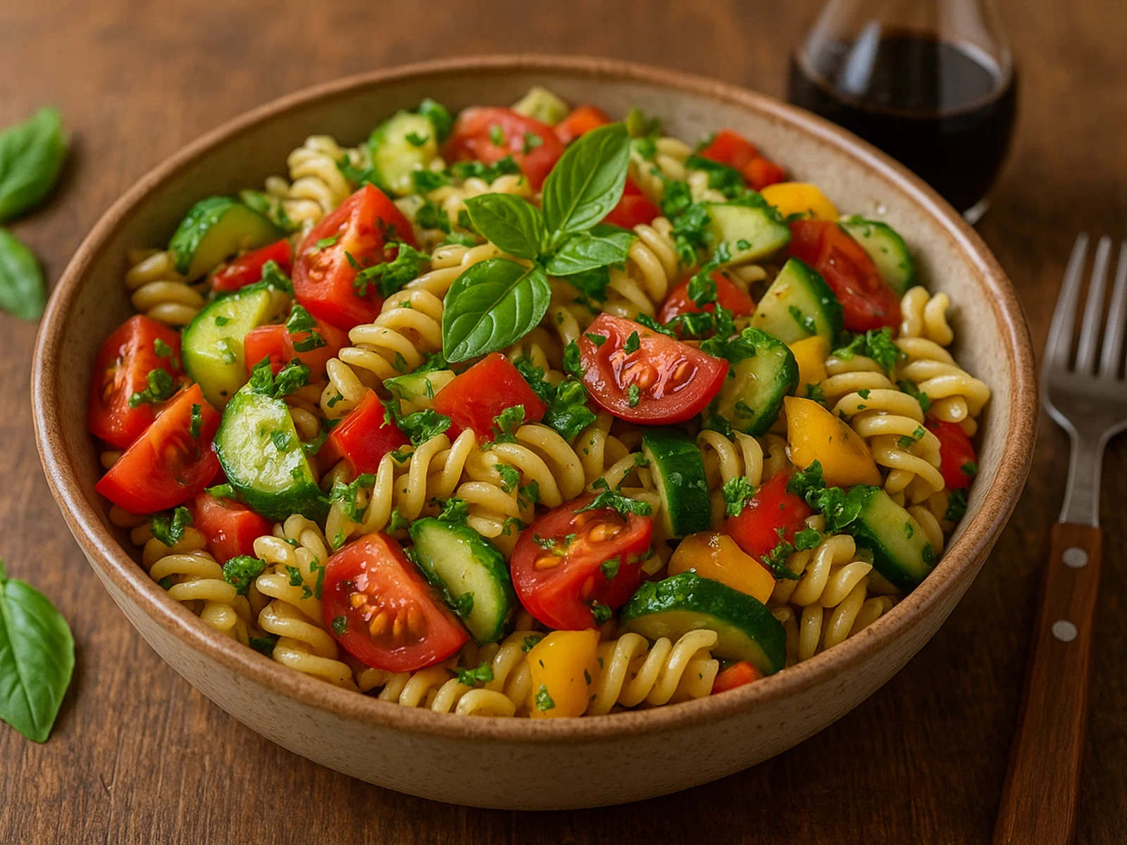 Pasta-Salat mit frischem Gemüse und Balsamico-Dressing