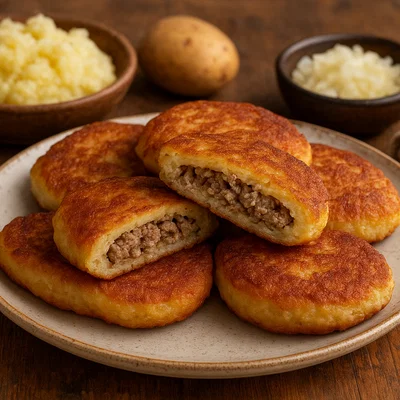 Žemaičių blynai – Samogitische Kartoffelpfannkuchen mit Fleischfüllung