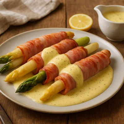 Spargel-Schinken-Röllchen mit Hollandaise-Sauce