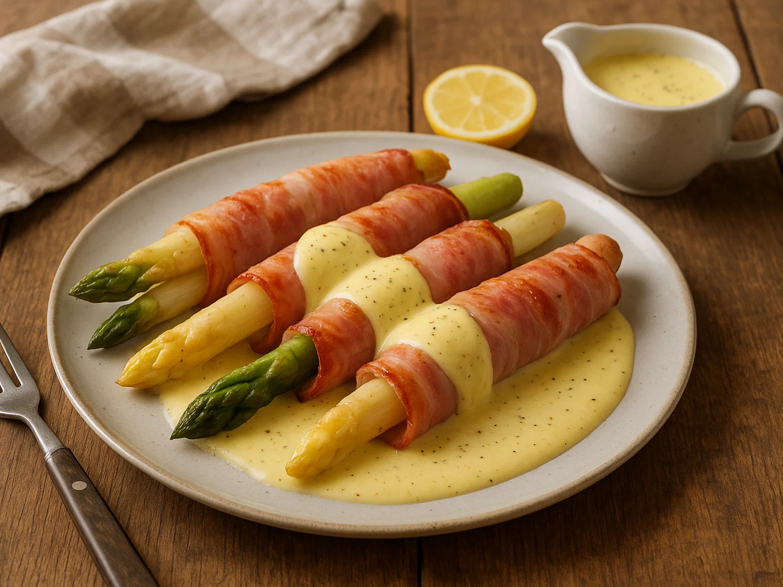 Spargel-Schinken-Röllchen mit Hollandaise-Sauce