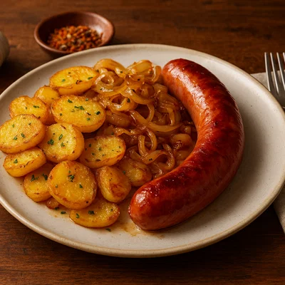 Kranjska Klobasa mit Bratkartoffeln und sautierten Zwiebeln