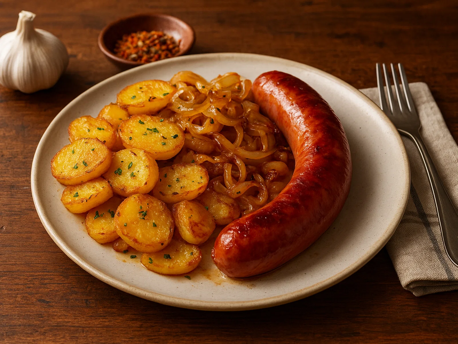 Kranjska Klobasa mit Bratkartoffeln und sautierten Zwiebeln