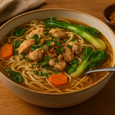 Herzhafte Miki-Nudelsuppe mit Hähnchen und Gemüse