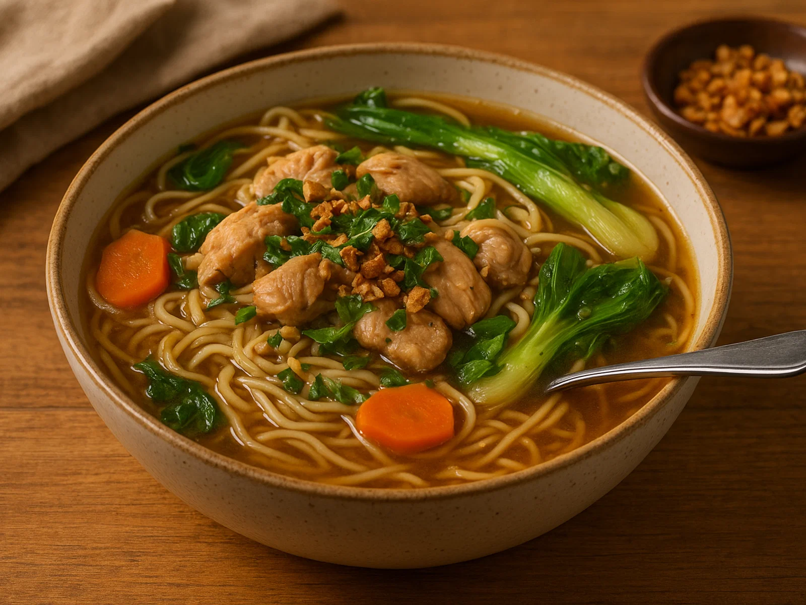Herzhafte Miki-Nudelsuppe mit Hähnchen und Gemüse