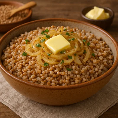 Grikių košė – Litauischer Buchweizenbrei mit Zwiebeln und Butter