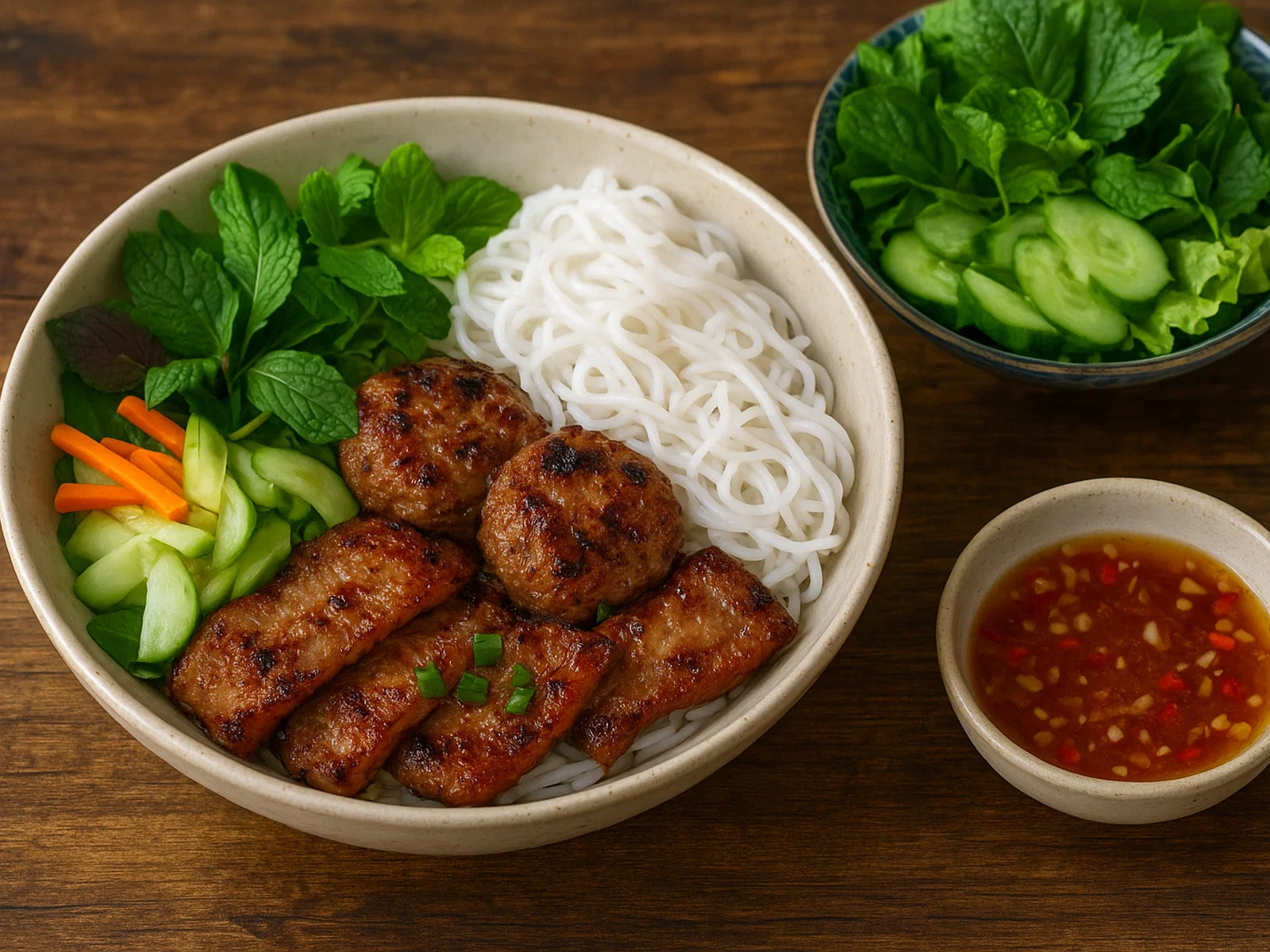 Bún Chả – Vietnamesische Reisnudeln mit gegrilltem Schweinefleisch und Nuoc Cham