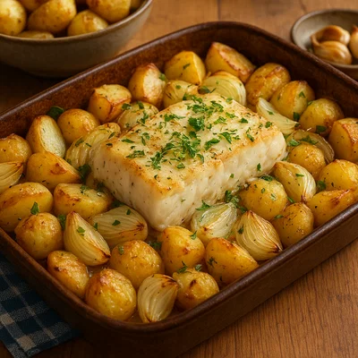 Norwegischer Klippfisk mit Kartoffeln und Zwiebeln aus dem Ofen