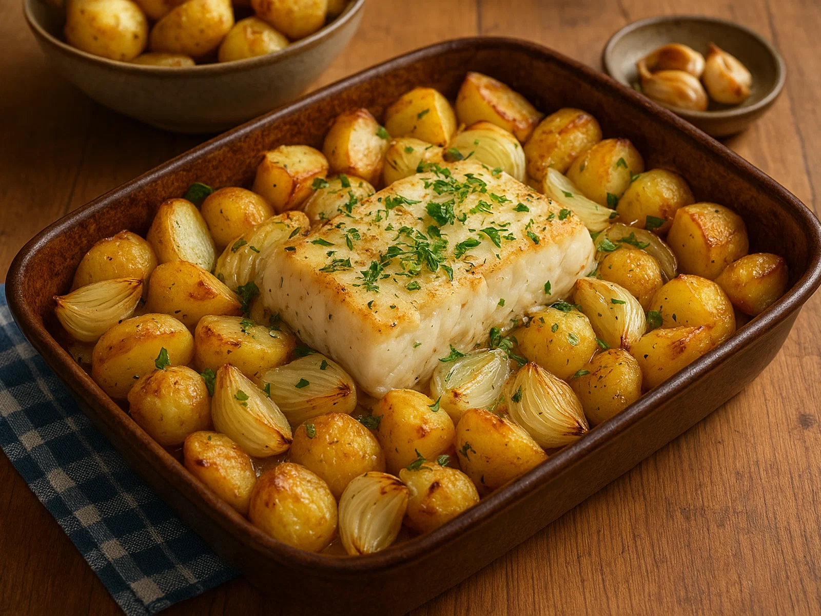 Norwegischer Klippfisk mit Kartoffeln und Zwiebeln aus dem Ofen