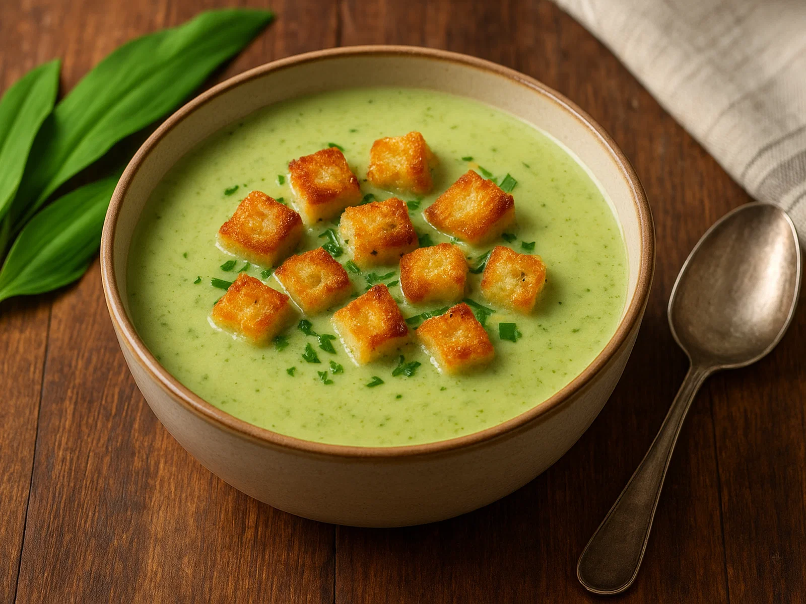 Bärlauchsuppe mit knusprigen Croutons