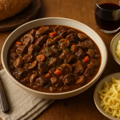 Elchragout mit Waldpilzen und Rotwein