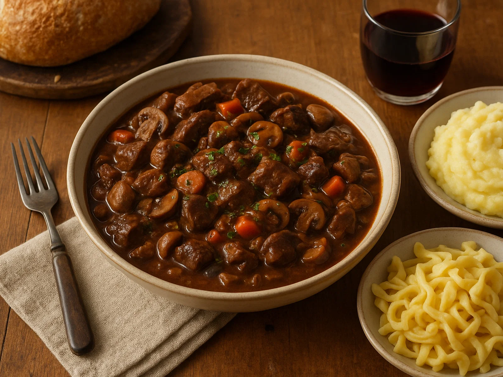 Elchragout mit Waldpilzen und Rotwein