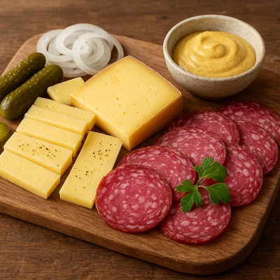 Brotzeitbrett mit haltbarem Käse und Wurst